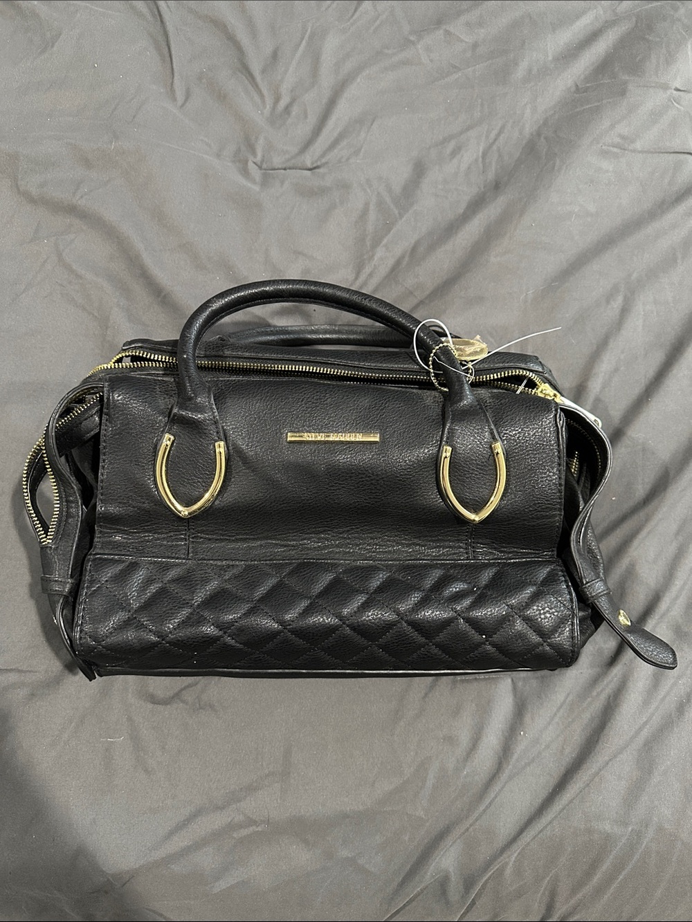 Steve Madden Black Quilted Leather Satchel with Gold Hardware